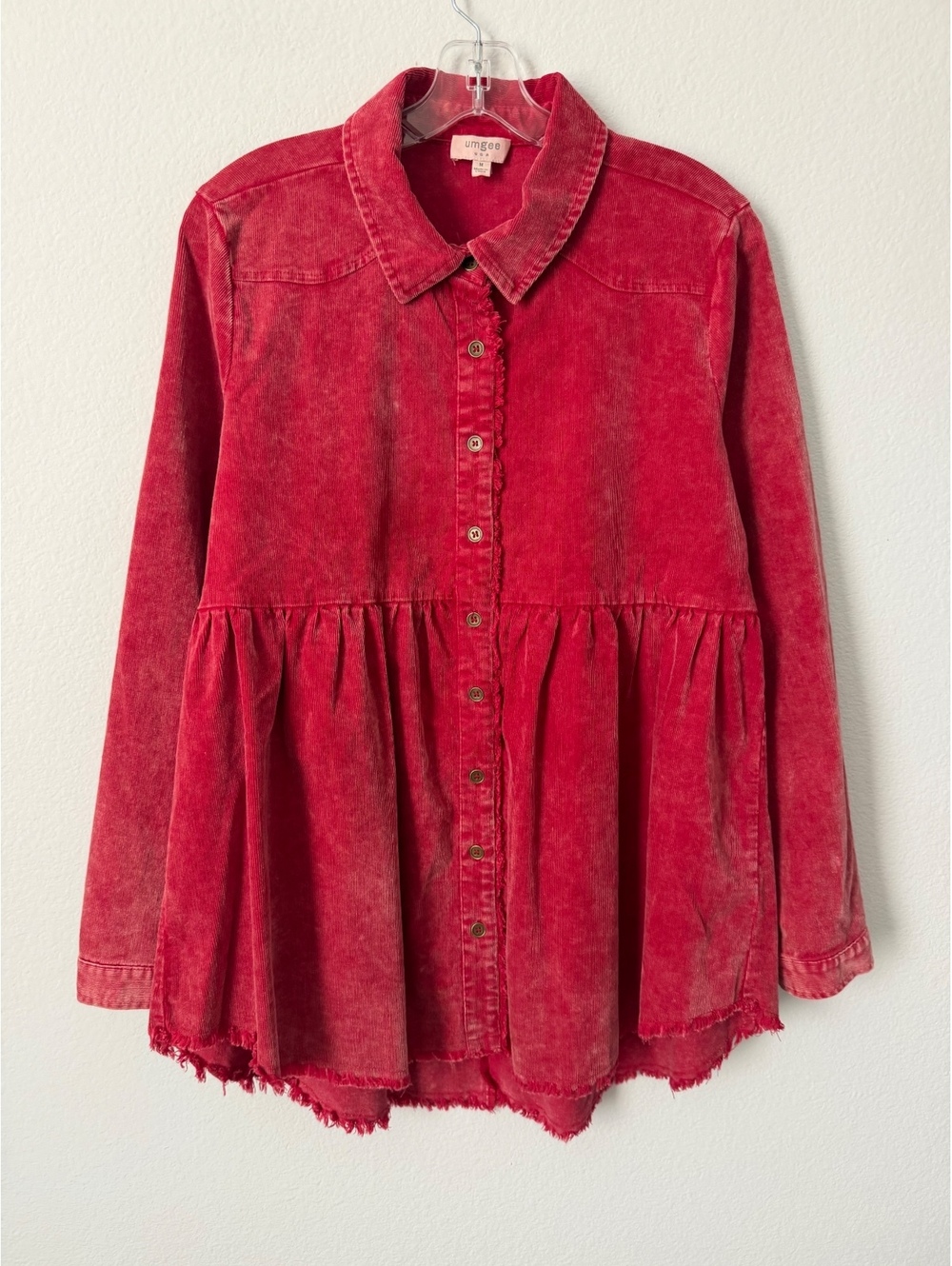 UMGEE Long Sleeve Button Up Raw Hem Red Tone Corduroy Peplum Shirt Size M
